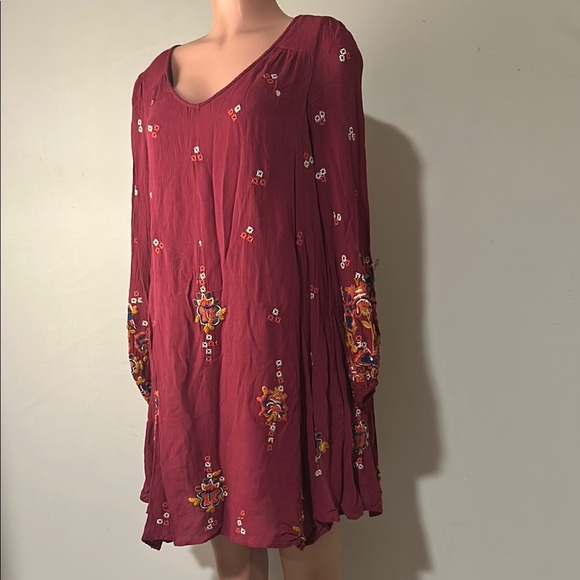 Free People Tunic Dress Boho Embroidered Lined Burgundy Oversized Pockets Sz M - Picture 4 of 15